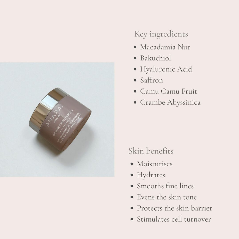 
                  
                    Anara Skincare Radiance Moisturiser jar with key ingredients and skin benefits
                  
                