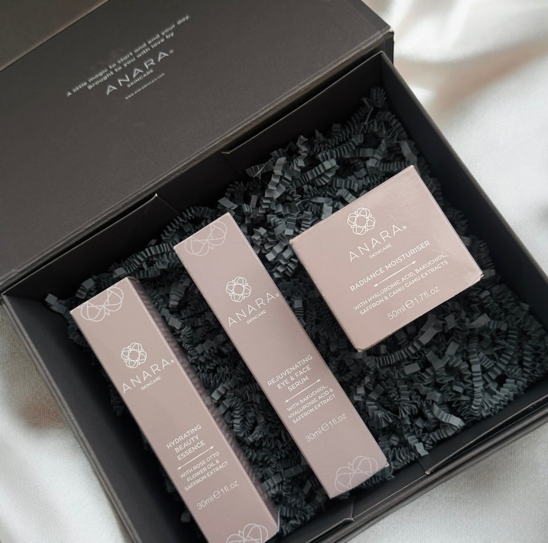 Anara Hydrating Beauty Essence, Rejuvenating Eye & Face Serum and Radiance Moisturiser  in their outer cartons presented in grey Anara branded magnetic gift box