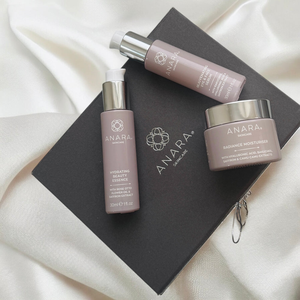 Anara Radiance Moisturiser, Rejuvenating Eye & Face Serum and Hydraiting Beauty Essence on grey magnetic gift box with Anara logo in silver