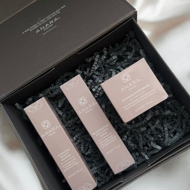 Anara Skincare products in retail cartons in gift box