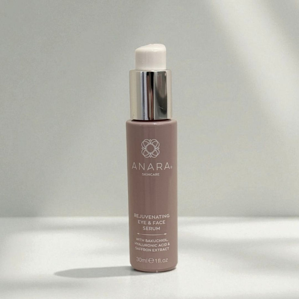 
                  
                    Anara Skincare Rejuvenating Eye & Face Serum bottle on a neutral background with light
                  
                