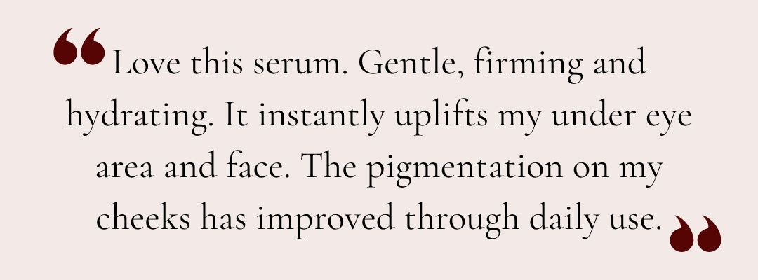 A review for Rejuvenating Eye & Face Serum on a pale pink background reading, "Love this serum. Gentle, firming and hydrating.