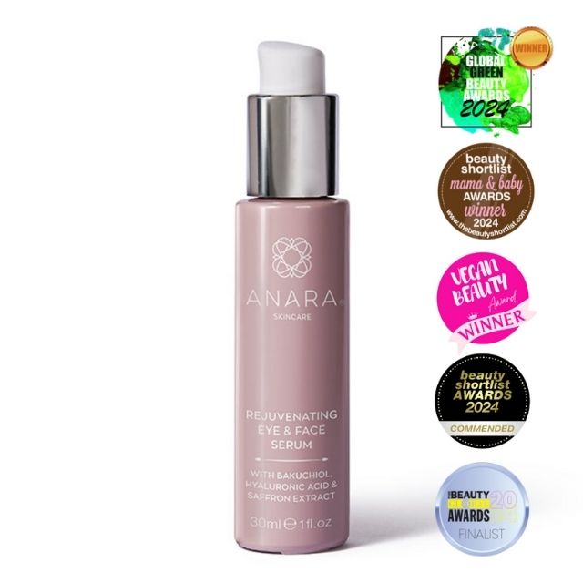 Anara Skincare Rejuvenating Eye & Face Serum with award logos
