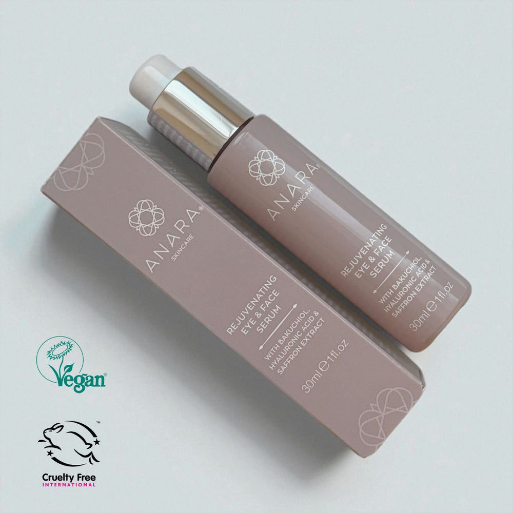 
                  
                    Anara Skincare Rejuvenating Eye & Face Serum with packaging on a light background with Vegan Society and Leaping Bunny cruelty-free logos
                  
                