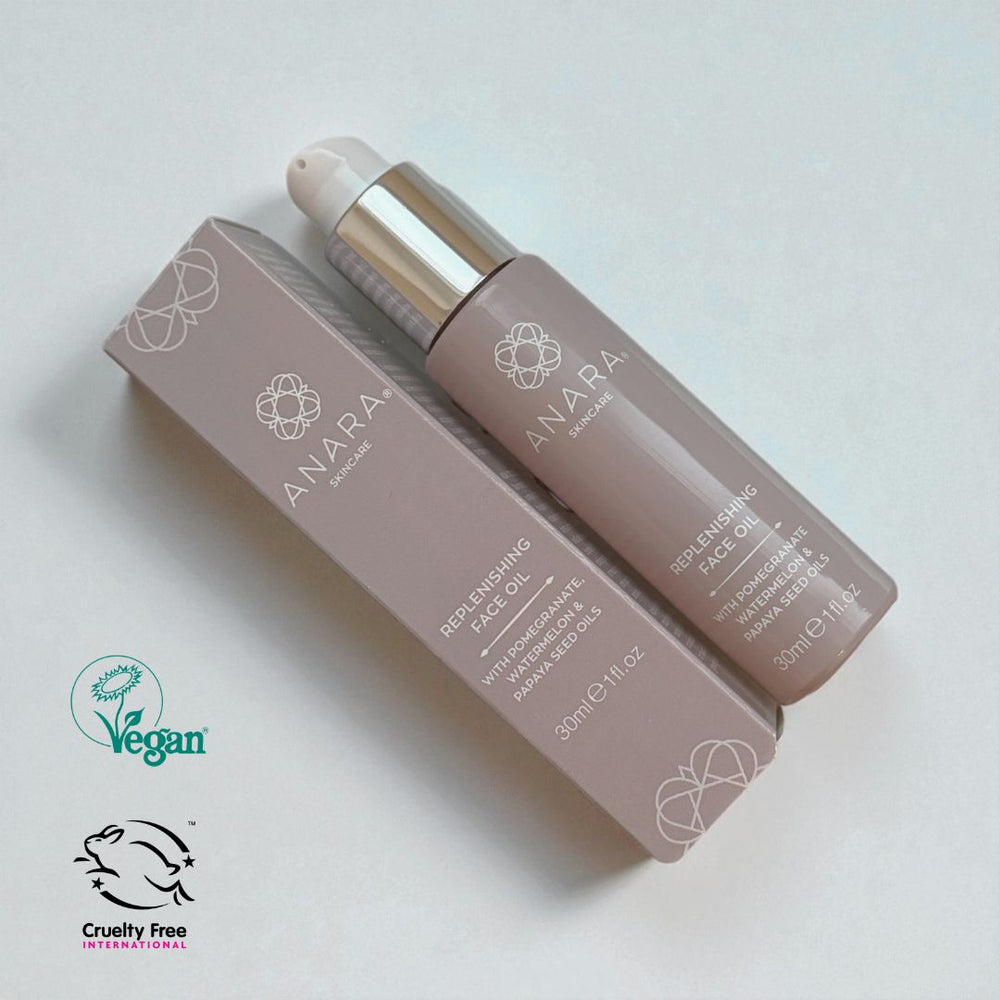 
                  
                    Anara Skincare Replenishing Face Oil with packaging on a light background with Vegan Society and Leaping Bunny cruelty-free logos
                  
                