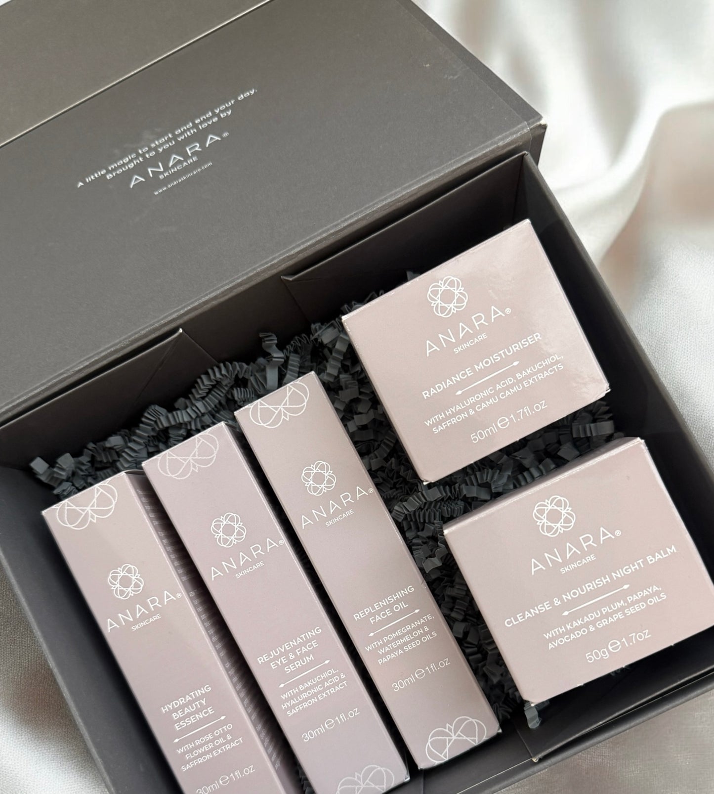 Anara Radiance Moisturiser, Rejuvenating Eye & Face Serum, Hydrating Beauty Essence, Cleanse & Nourish Night Balm and Replenishing Face Oil in their outer boxes presented in an Anara branded grey magnetic gift box