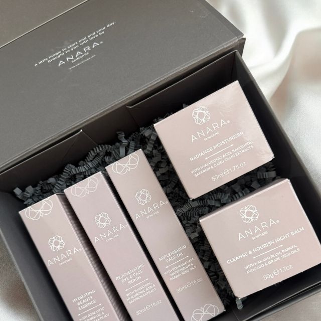 The full Anara Skincare range in their retail cartons in a gift box