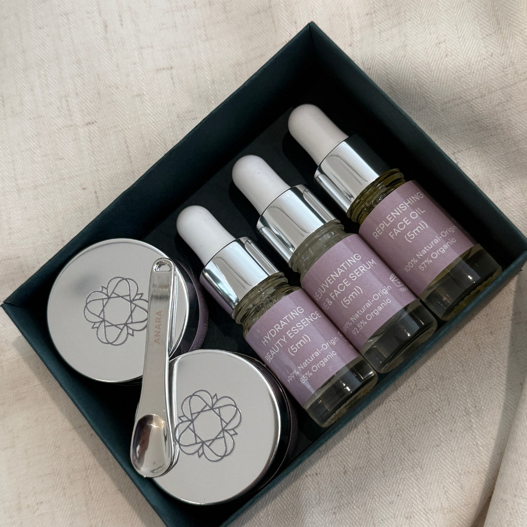 
                  
                    The Anara petite collection of 5 skincare products plus metal spatula
                  
                