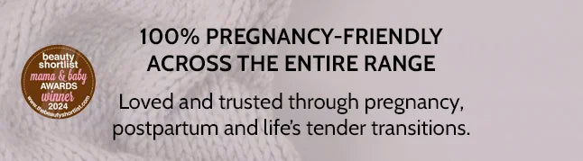 Text on a textured background indicating pregnancy-friendliness and the Beauty Shortlist Mama & Baby Award Winner logo