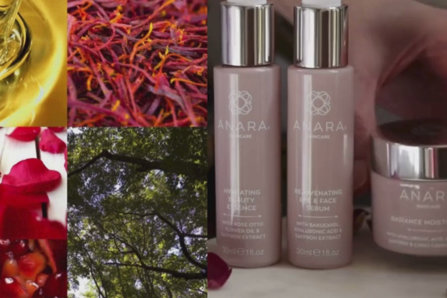 Ingredients collage and lady with brown hair applying Anara Radiance Moisturiser